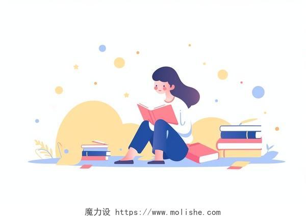 人物一名少女坐在地上看着手中的书卡通AI插画